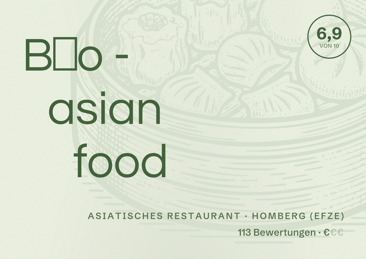 Illustriertes Poster von Bảo - asian food, Asiatisches Restaurant in Homberg (Efze): Bewertung 6,9 von 10 aus 113 Bewertungen, Preisniveau €