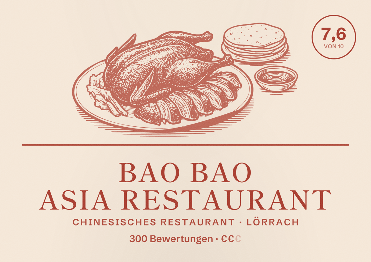 Illustriertes Poster von Bao Bao Asia Restaurant, Chinesisches Restaurant in Lörrach: Bewertung 7,6 von 10 aus 300 Bewertungen, Preisniveau €€