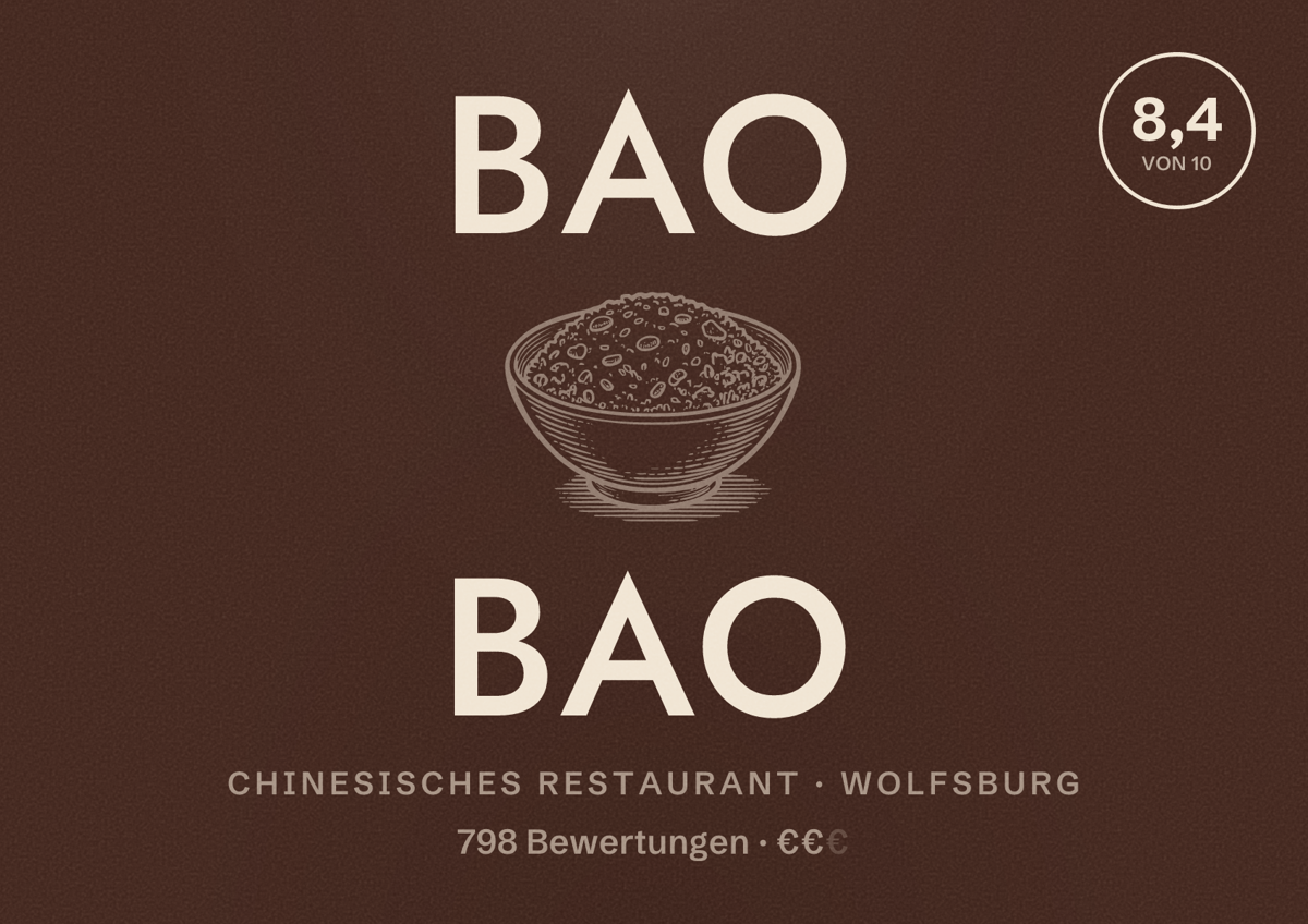 Illustriertes Poster von BAO BAO, Chinesisches Restaurant in Wolfsburg: Bewertung 8,4 von 10 aus 798 Bewertungen, Preisniveau €€