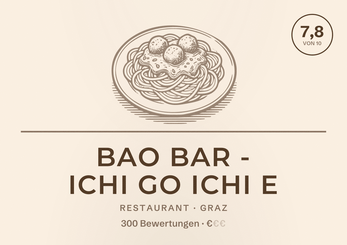 Illustriertes Poster von Bao Bar - Ichi Go Ichi E, Restaurant in Graz: Bewertung 7,8 von 10 aus 300 Bewertungen, Preisniveau €