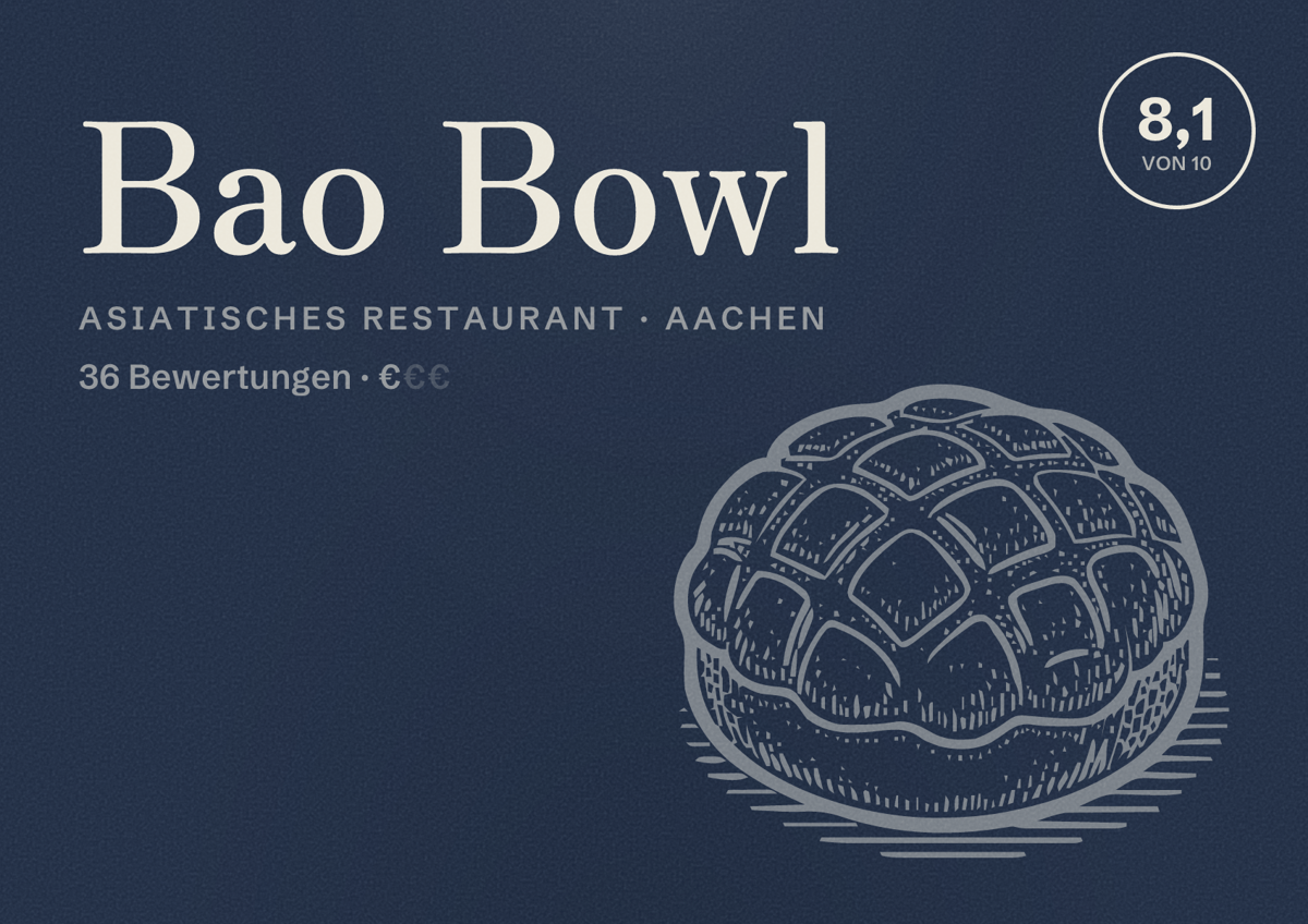 Illustriertes Poster von Bao Bowl, Asiatisches Restaurant in Aachen: Bewertung 8,1 von 10 aus 36 Bewertungen, Preisniveau €