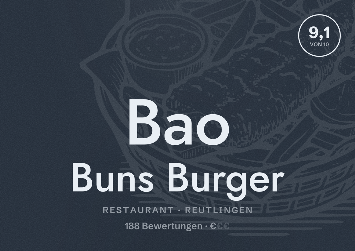 Illustriertes Poster von Bao Buns Burger, Restaurant in Reutlingen: Bewertung 9,1 von 10 aus 188 Bewertungen, Preisniveau €