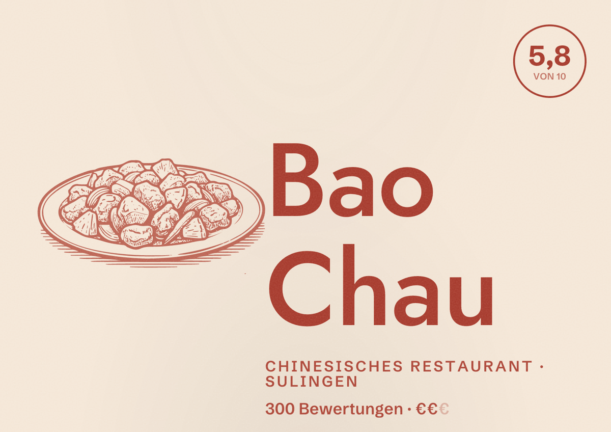 Illustriertes Poster von Bao Chau, Chinesisches Restaurant in Sulingen: Bewertung 5,8 von 10 aus 300 Bewertungen, Preisniveau €€