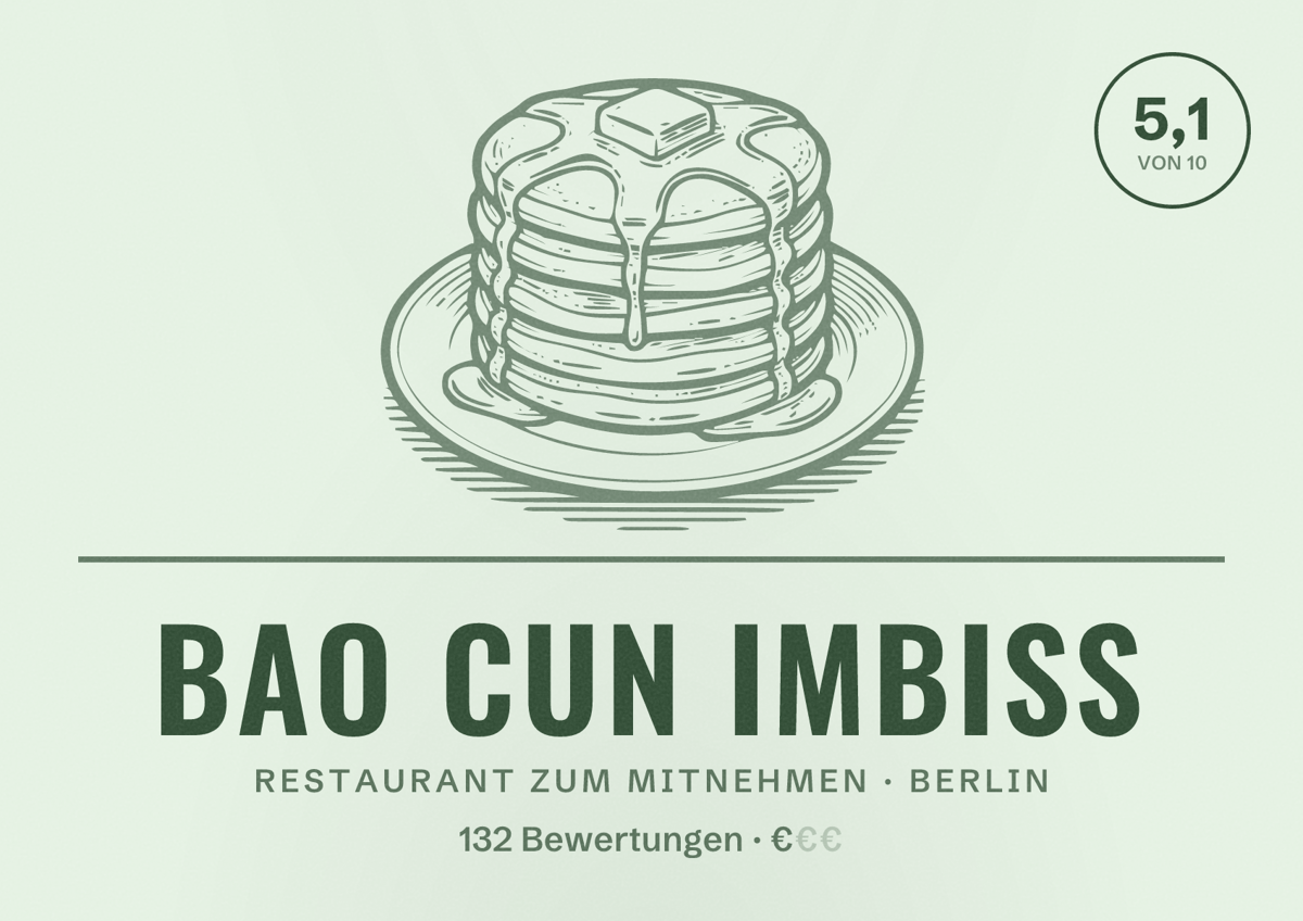 Illustriertes Poster von Bao Cun Imbiss, Restaurant zum Mitnehmen in Berlin: Bewertung 5,1 von 10 aus 132 Bewertungen, Preisniveau €