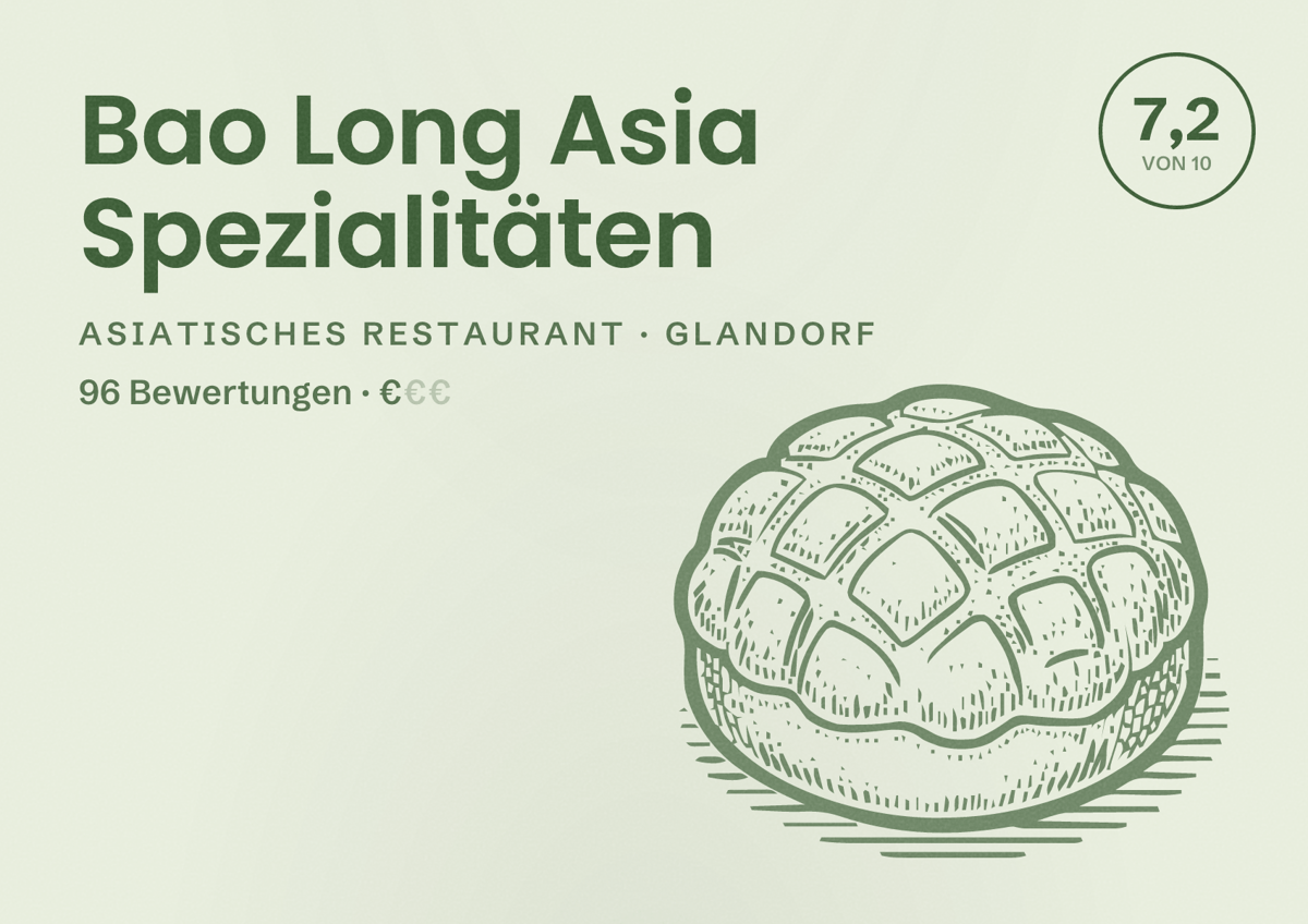 Illustriertes Poster von Bao Long Asia Spezialitäten, Asiatisches Restaurant in Glandorf: Bewertung 7,2 von 10 aus 96 Bewertungen, Preisniveau €