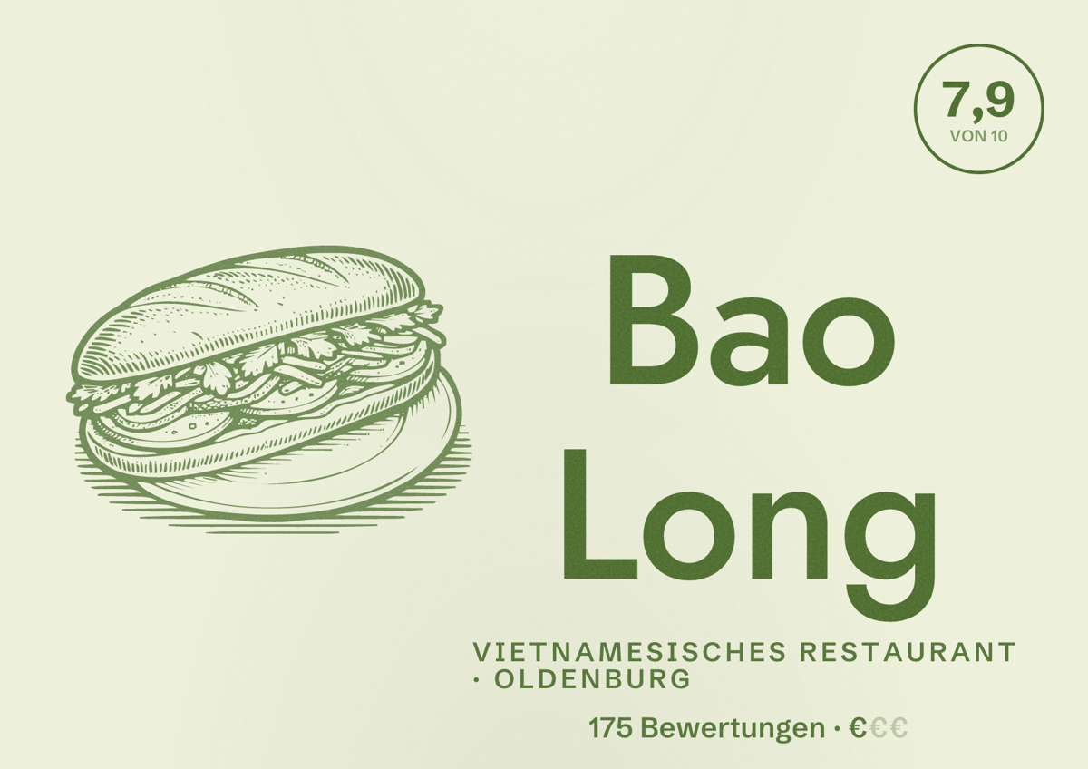Illustriertes Poster von Bao Long, Vietnamesisches Restaurant in Oldenburg: Bewertung 7,9 von 10 aus 175 Bewertungen, Preisniveau €