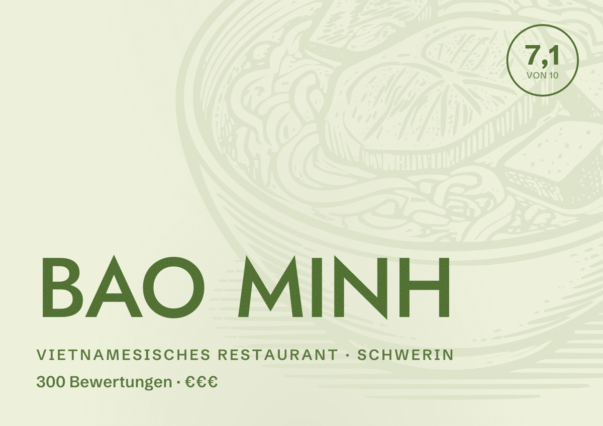 Illustriertes Poster von BAO MINH, Vietnamesisches Restaurant in Schwerin: Bewertung 7,1 von 10 aus 300 Bewertungen, Preisniveau €€€