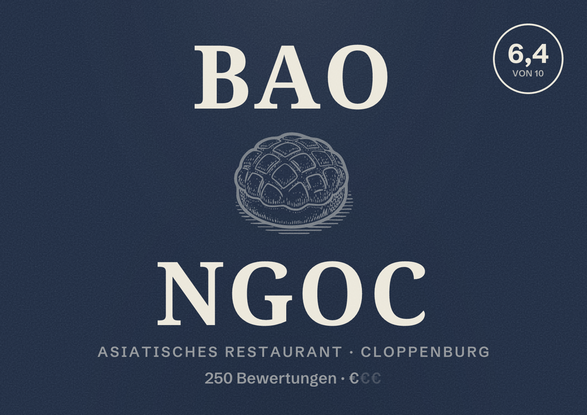 Illustriertes Poster von Bao Ngoc, Asiatisches Restaurant in Cloppenburg: Bewertung 6,4 von 10 aus 250 Bewertungen, Preisniveau €