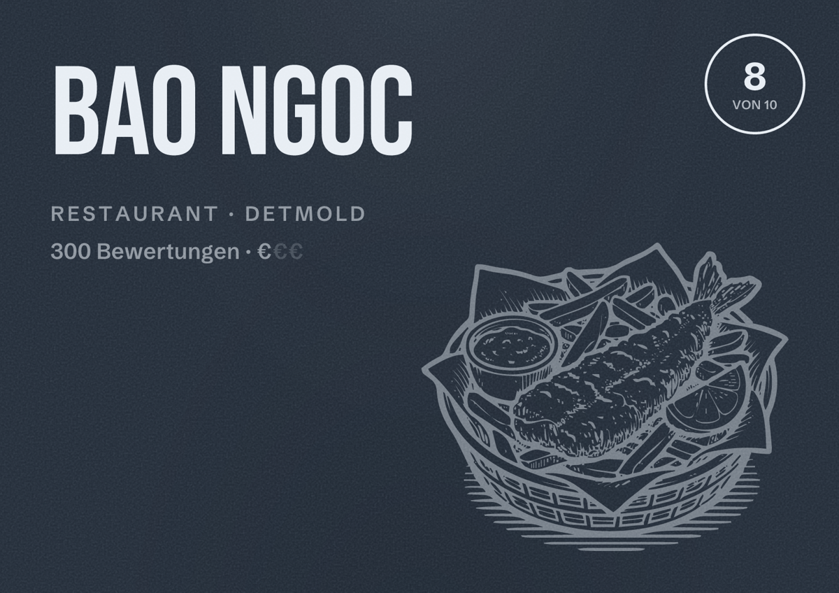 Illustriertes Poster von Bao Ngoc, Restaurant in Detmold: Bewertung 8 von 10 aus 300 Bewertungen, Preisniveau €