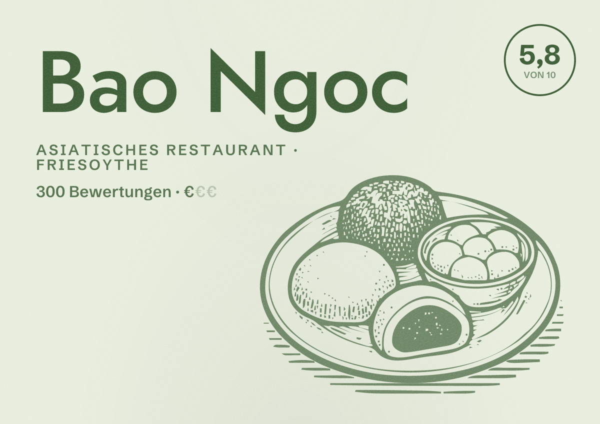 Illustriertes Poster von Bao Ngoc, Asiatisches Restaurant in Friesoythe: Bewertung 5,8 von 10 aus 300 Bewertungen, Preisniveau €