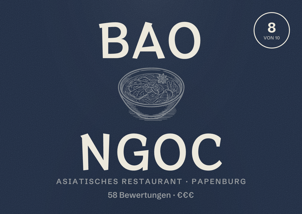 Illustriertes Poster von Bao Ngoc, Asiatisches Restaurant in Papenburg: Bewertung 8 von 10 aus 58 Bewertungen, Preisniveau €€€