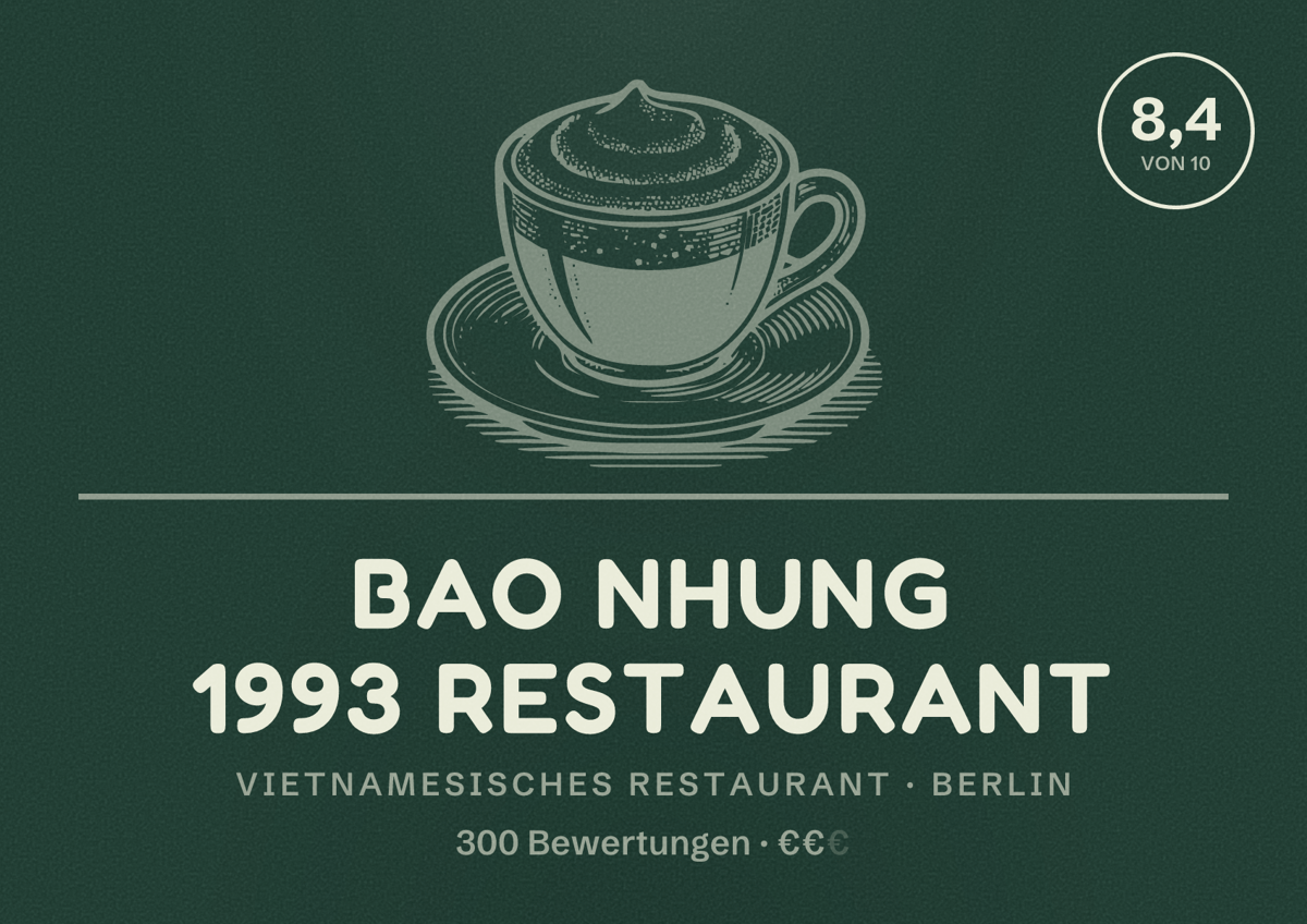 Illustriertes Poster von Bao Nhung 1993 Restaurant, Vietnamesisches Restaurant in Berlin: Bewertung 8,4 von 10 aus 300 Bewertungen, Preisniveau €€