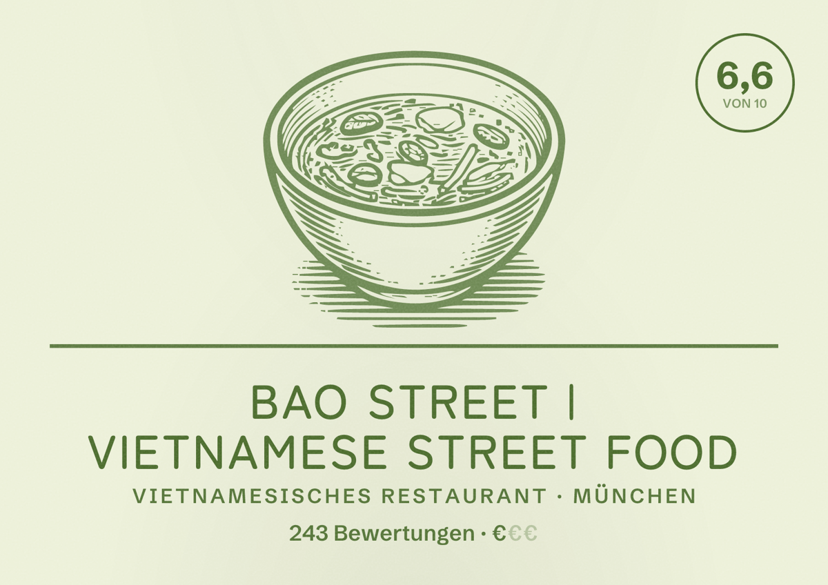 Illustriertes Poster von BAO STREET | Vietnamese Street Food, Vietnamesisches Restaurant in München: Bewertung 6,6 von 10 aus 243 Bewertungen, Preisniveau €