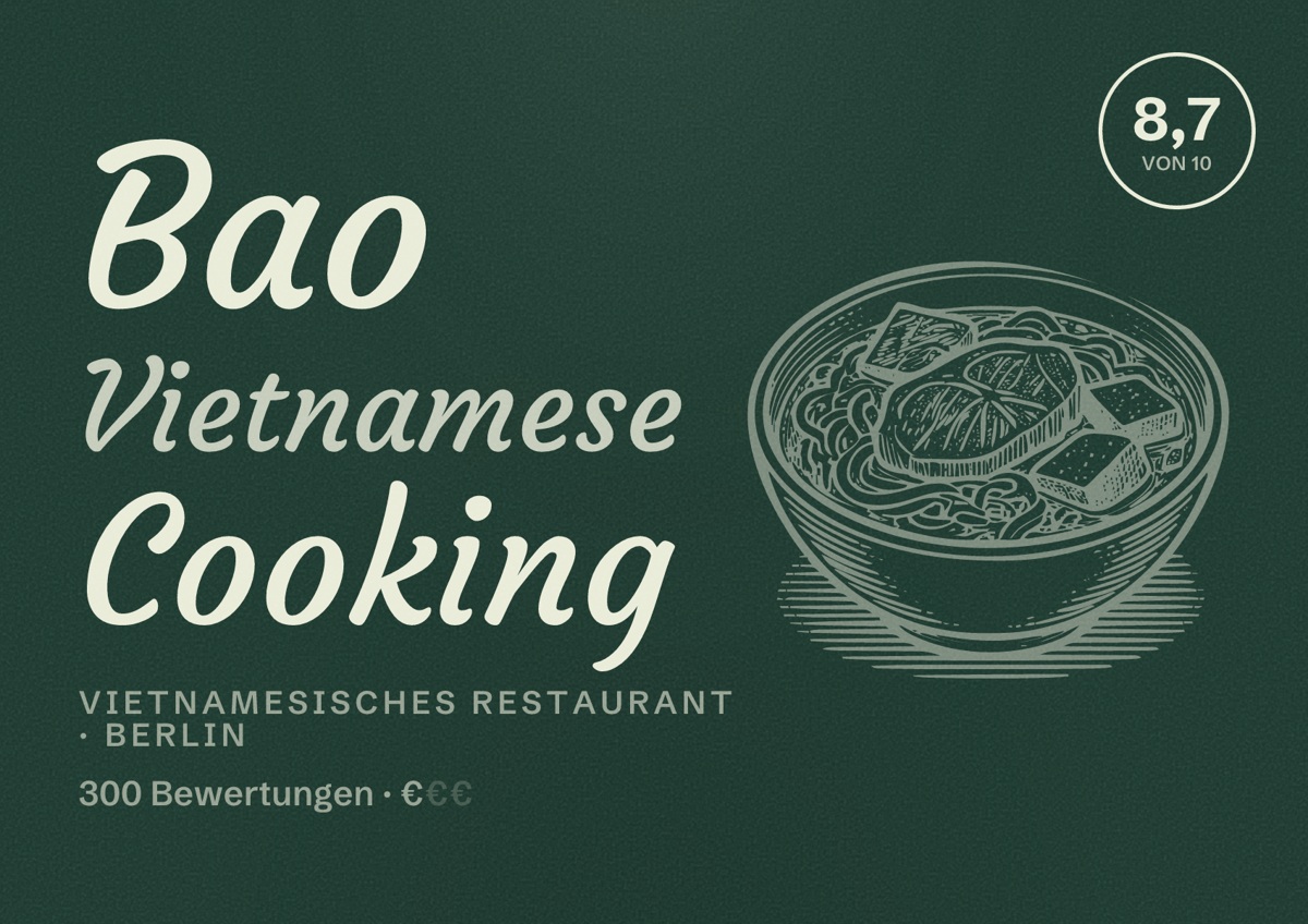 Illustriertes Poster von Bao Vietnamese Cooking, Vietnamesisches Restaurant in Berlin: Bewertung 8,7 von 10 aus 300 Bewertungen, Preisniveau €