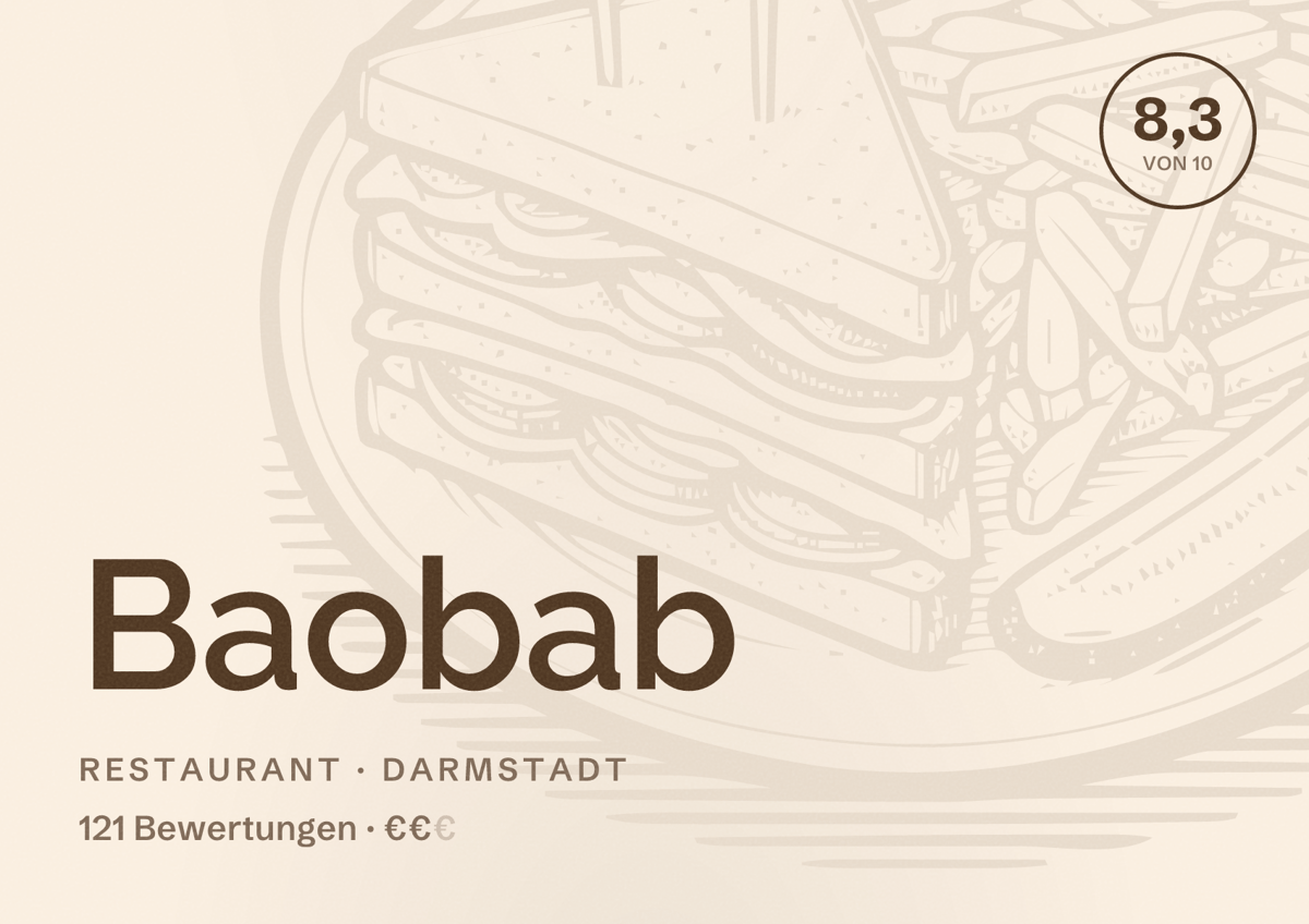 Illustriertes Poster von Baobab, Restaurant in Darmstadt: Bewertung 8,3 von 10 aus 121 Bewertungen, Preisniveau €€