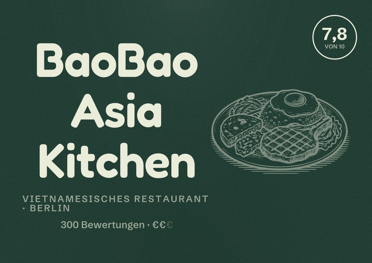 Illustriertes Poster von BaoBao Asia Kitchen, Vietnamesisches Restaurant in Berlin: Bewertung 7,8 von 10 aus 300 Bewertungen, Preisniveau €€