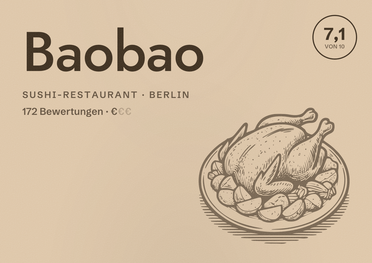 Illustriertes Poster von Baobao, Sushi-Restaurant in Berlin: Bewertung 7,1 von 10 aus 172 Bewertungen, Preisniveau €