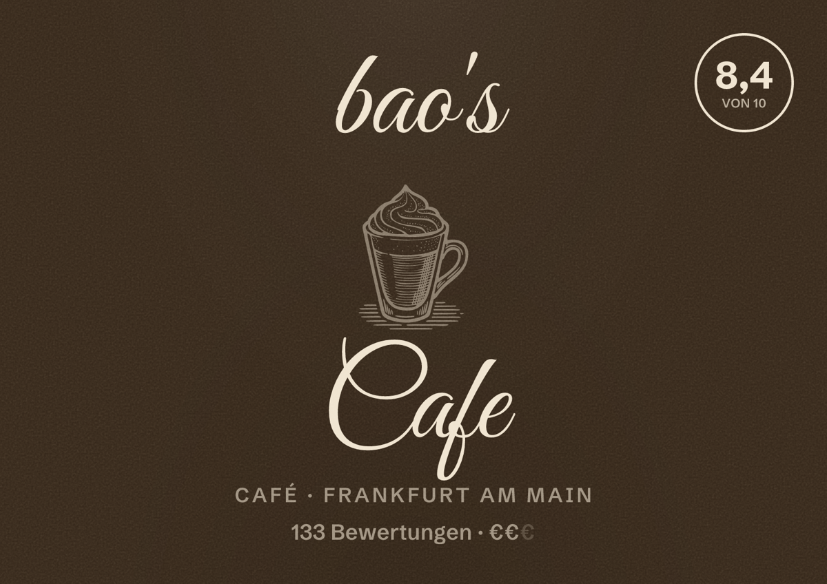 Illustriertes Poster von bao's Cafe, Café in Frankfurt am Main: Bewertung 8,4 von 10 aus 133 Bewertungen, Preisniveau €€