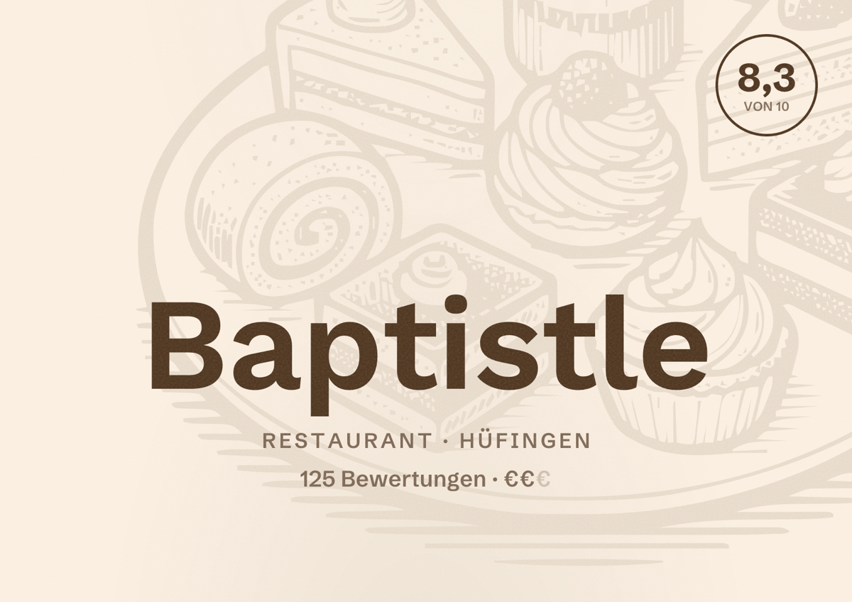 Illustriertes Poster von Baptistle, Restaurant in Hüfingen: Bewertung 8,3 von 10 aus 125 Bewertungen, Preisniveau €€