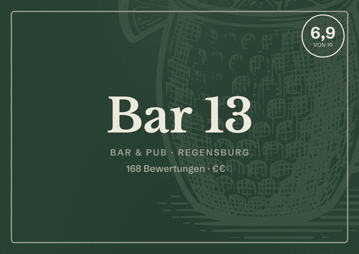 Illustriertes Poster von Bar 13, Bar & Pub in Regensburg: Bewertung 6,9 von 10 aus 168 Bewertungen, Preisniveau €€