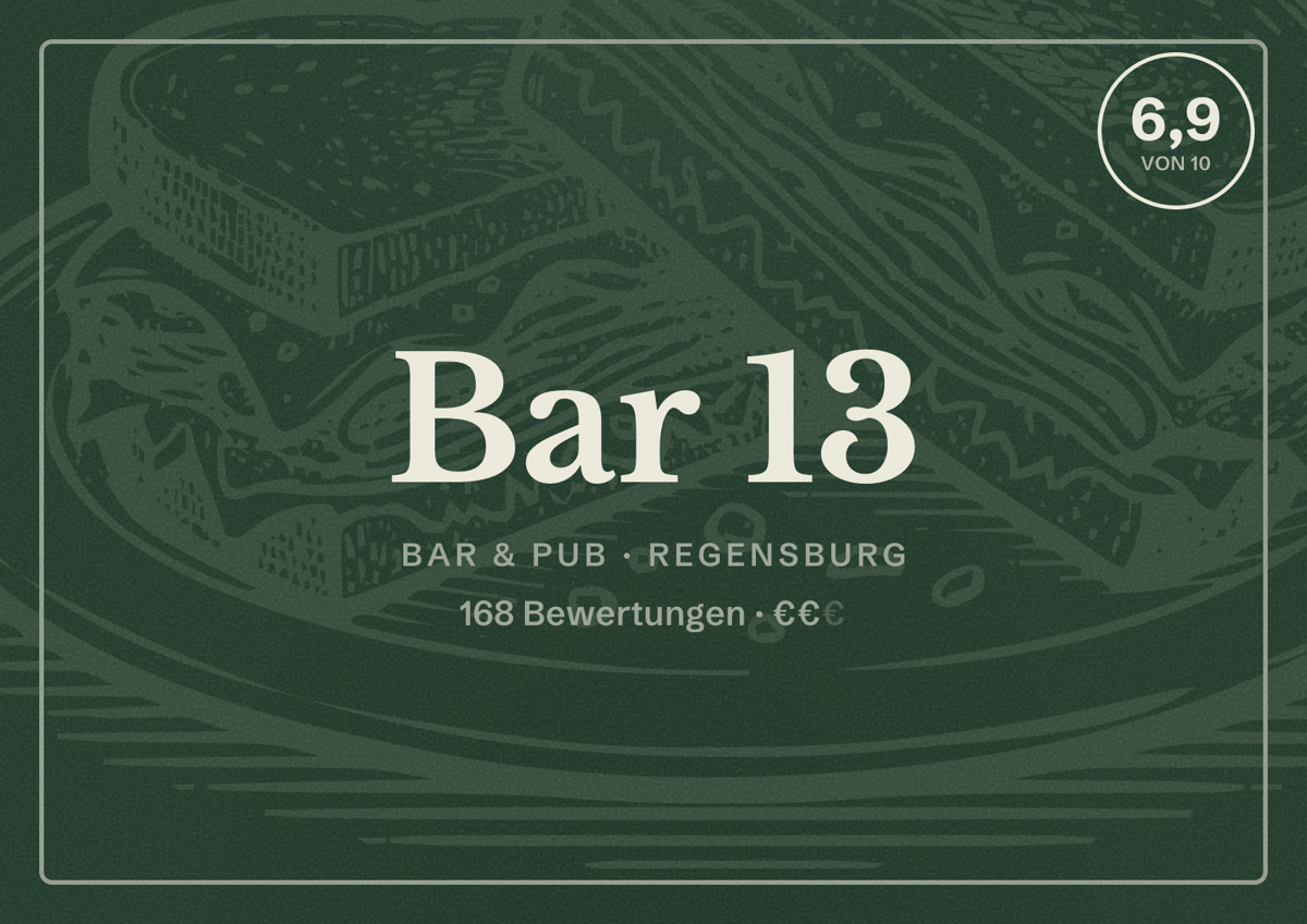 Illustriertes Poster von Bar 13, Bar & Pub in Regensburg: Bewertung 6,9 von 10 aus 168 Bewertungen, Preisniveau €€