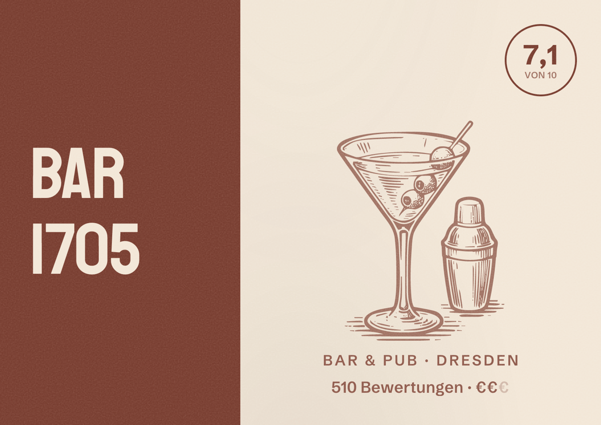 Illustriertes Poster von Bar 1705, Bar & Pub in Dresden: Bewertung 7,1 von 10 aus 510 Bewertungen, Preisniveau €€