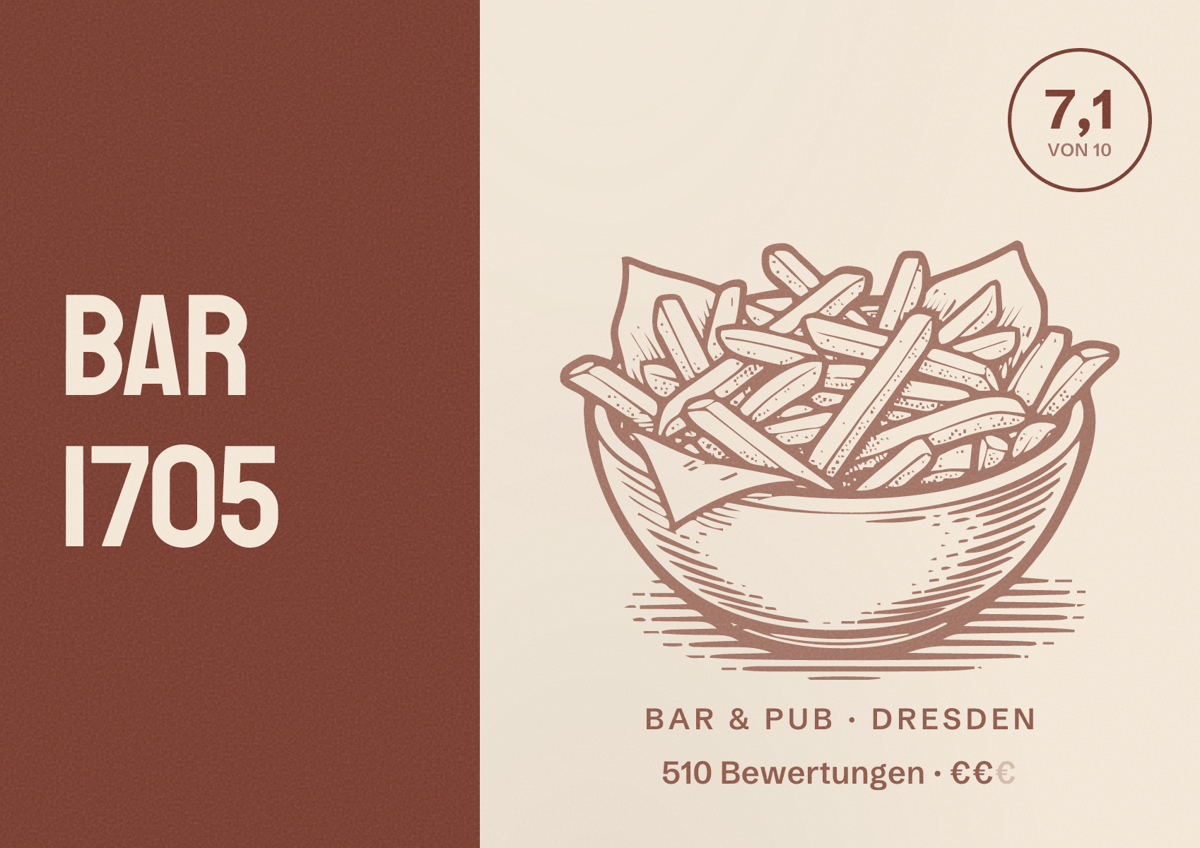 Illustriertes Poster von Bar 1705, Bar & Pub in Dresden: Bewertung 7,1 von 10 aus 510 Bewertungen, Preisniveau €€