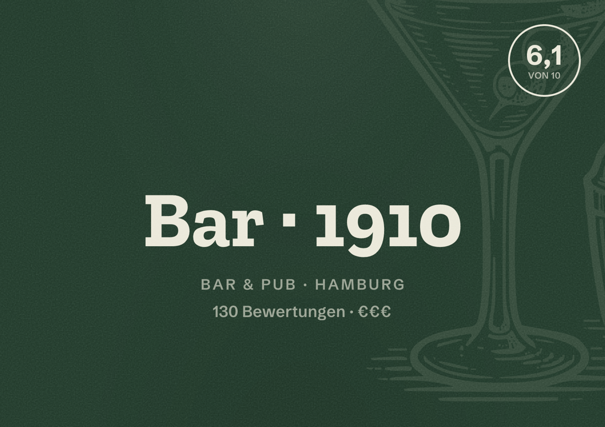 Illustriertes Poster von Bar 1910, Bar & Pub in Hamburg: Bewertung 6,1 von 10 aus 130 Bewertungen, Preisniveau €€€
