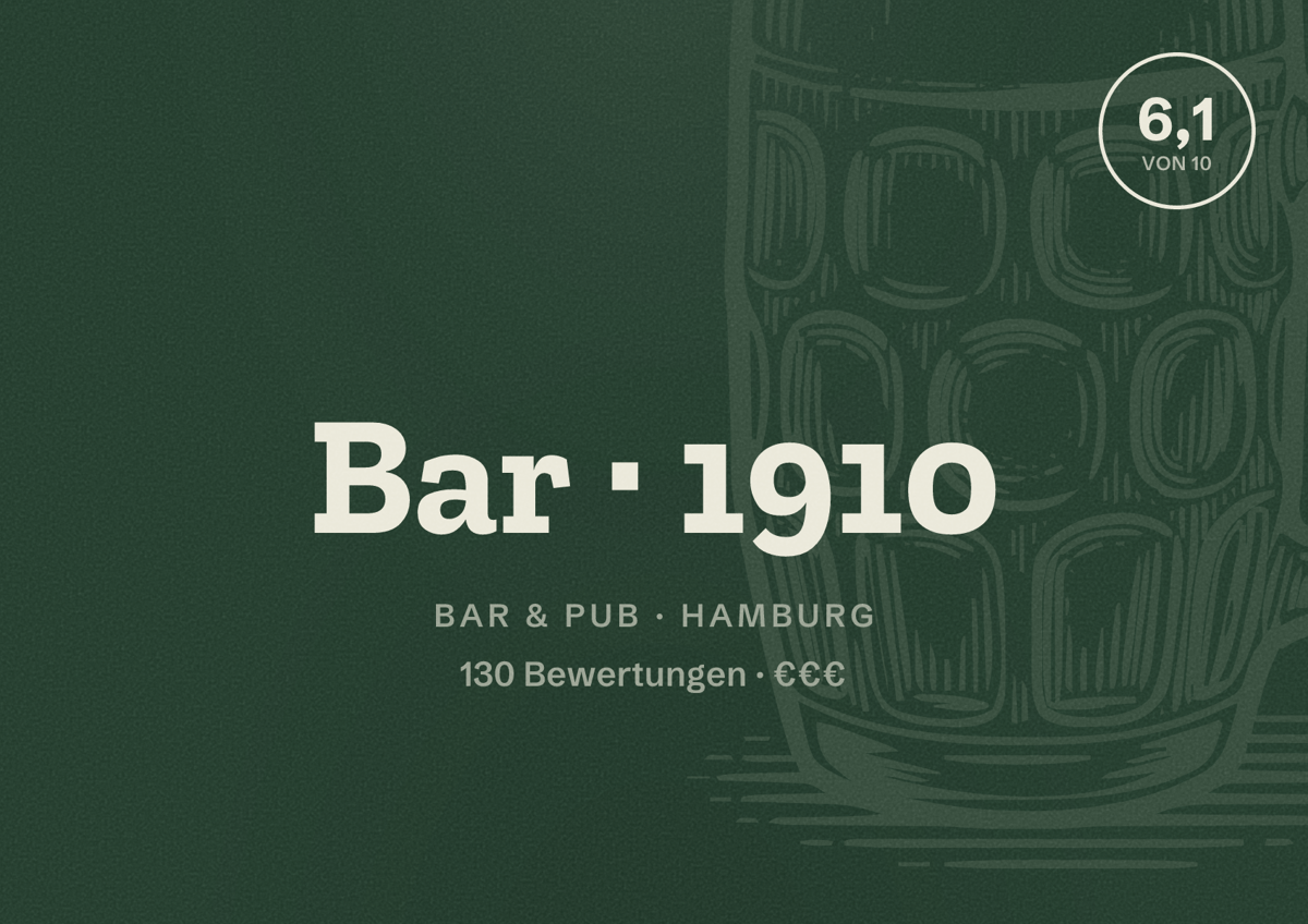 Illustriertes Poster von Bar 1910, Bar & Pub in Hamburg: Bewertung 6,1 von 10 aus 130 Bewertungen, Preisniveau €€€