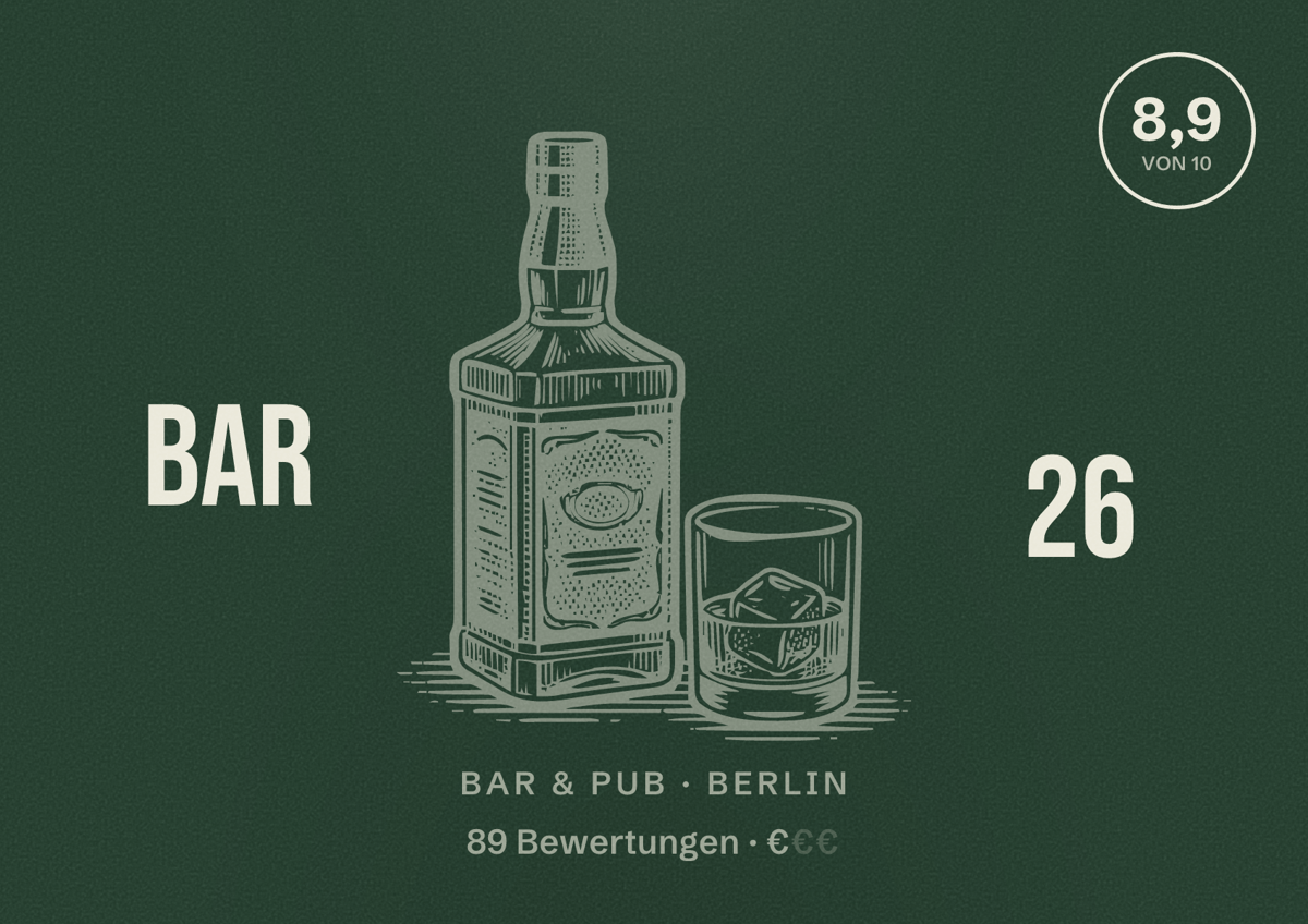Illustriertes Poster von BAR 26, Bar & Pub in Berlin: Bewertung 8,9 von 10 aus 89 Bewertungen, Preisniveau €