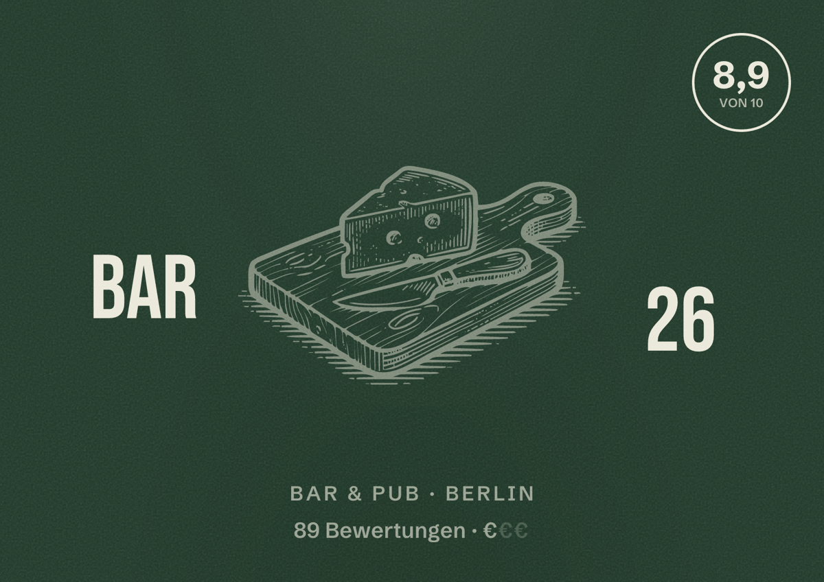 Illustriertes Poster von BAR 26, Bar & Pub in Berlin: Bewertung 8,9 von 10 aus 89 Bewertungen, Preisniveau €