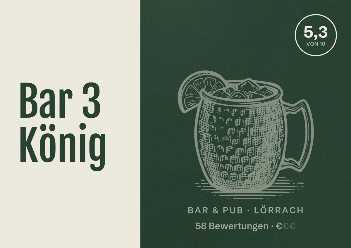Illustriertes Poster von Bar 3 König, Bar & Pub in Lörrach: Bewertung 5,3 von 10 aus 58 Bewertungen, Preisniveau €