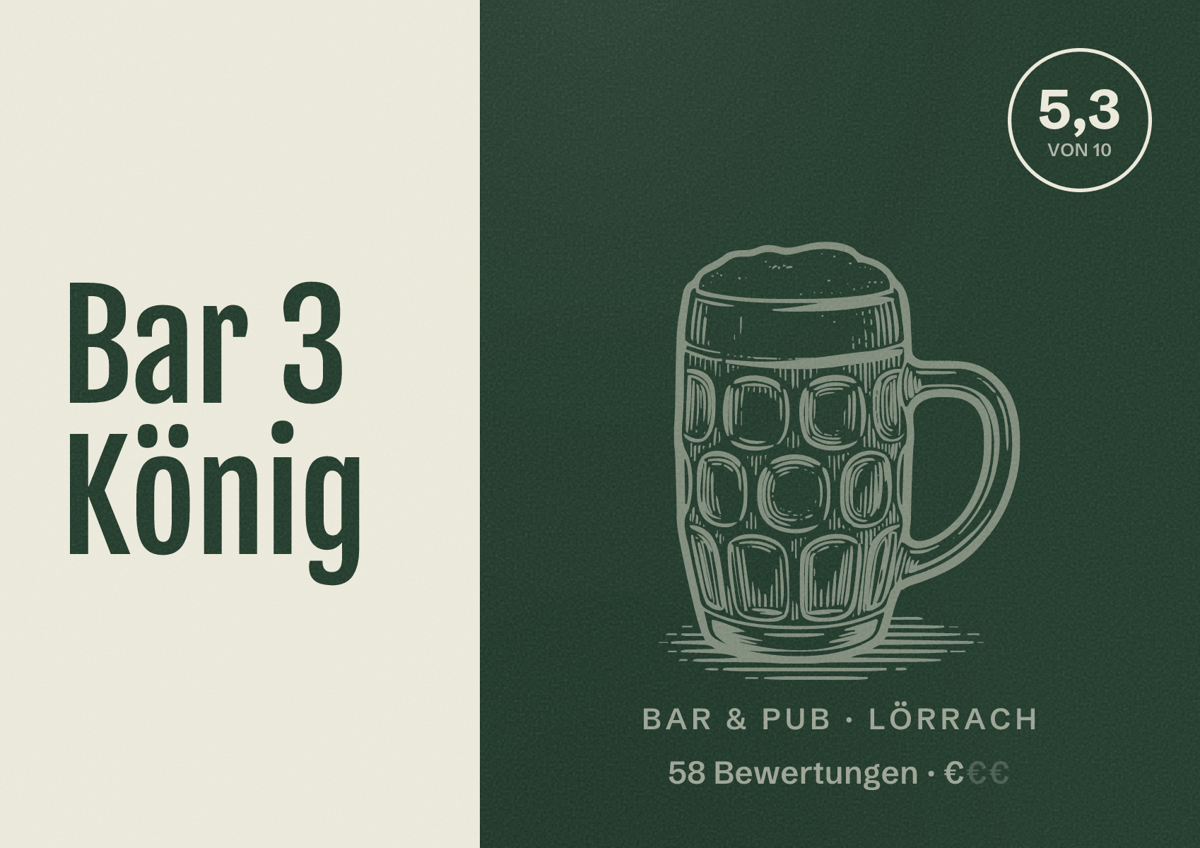 Illustriertes Poster von Bar 3 König, Bar & Pub in Lörrach: Bewertung 5,3 von 10 aus 58 Bewertungen, Preisniveau €