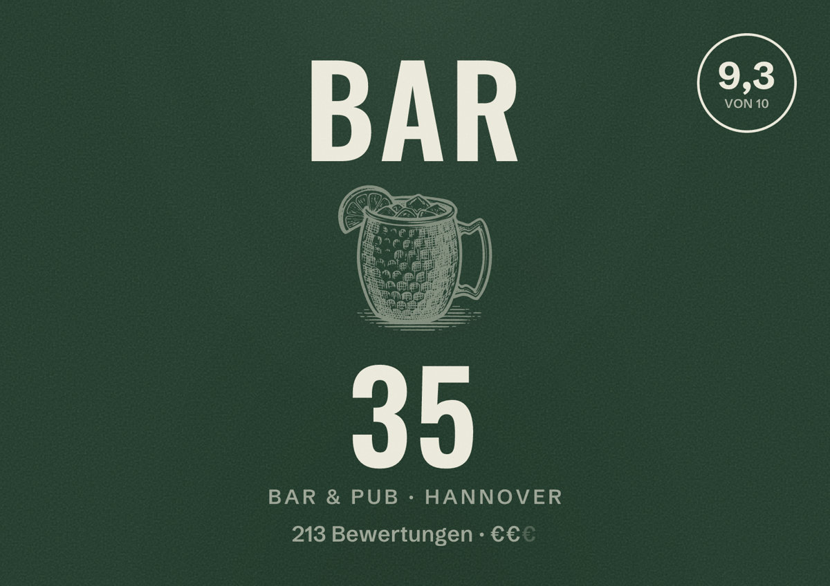 Illustriertes Poster von BAR 35, Bar & Pub in Hannover: Bewertung 9,3 von 10 aus 213 Bewertungen, Preisniveau €€