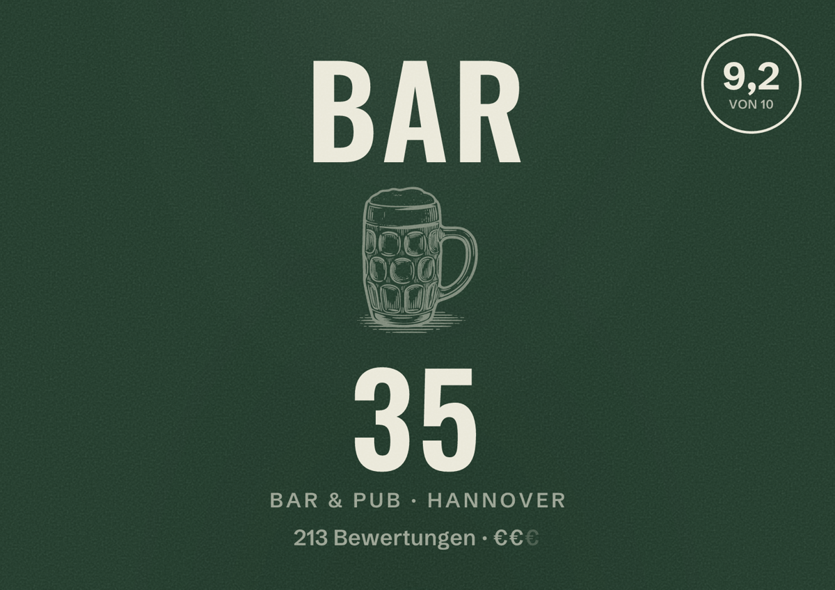 Illustriertes Poster von BAR 35, Bar & Pub in Hannover: Bewertung 9,2 von 10 aus 213 Bewertungen, Preisniveau €€