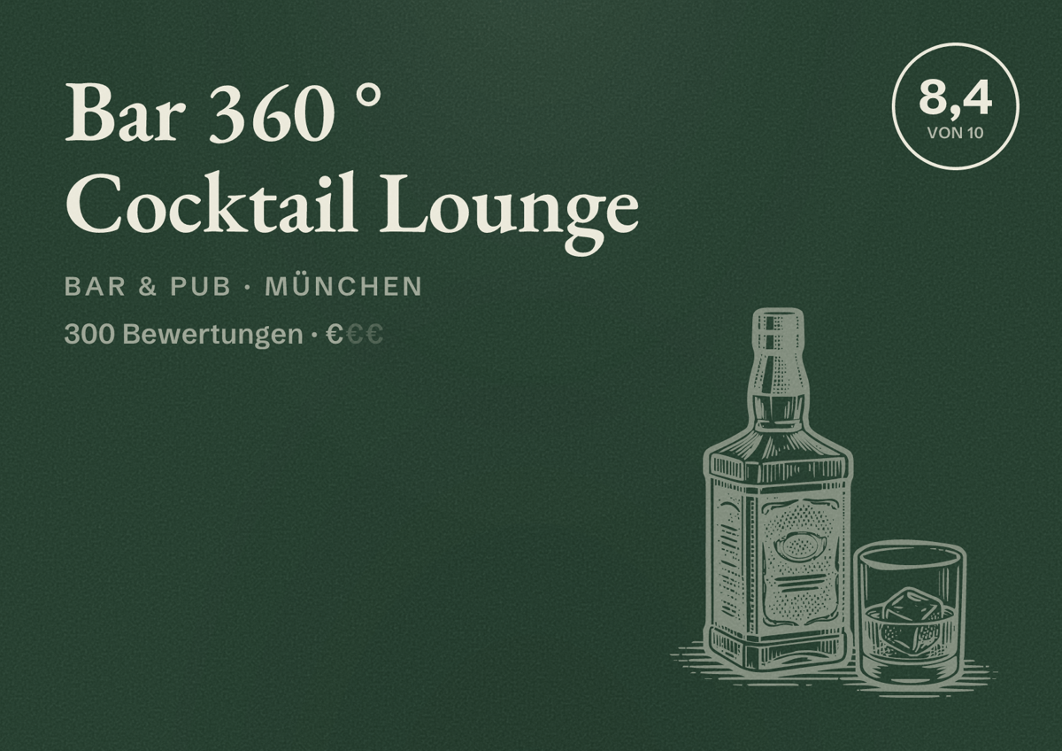 Illustriertes Poster von Bar 360 ° Cocktail Lounge, Bar & Pub in München: Bewertung 8,4 von 10 aus 300 Bewertungen, Preisniveau €