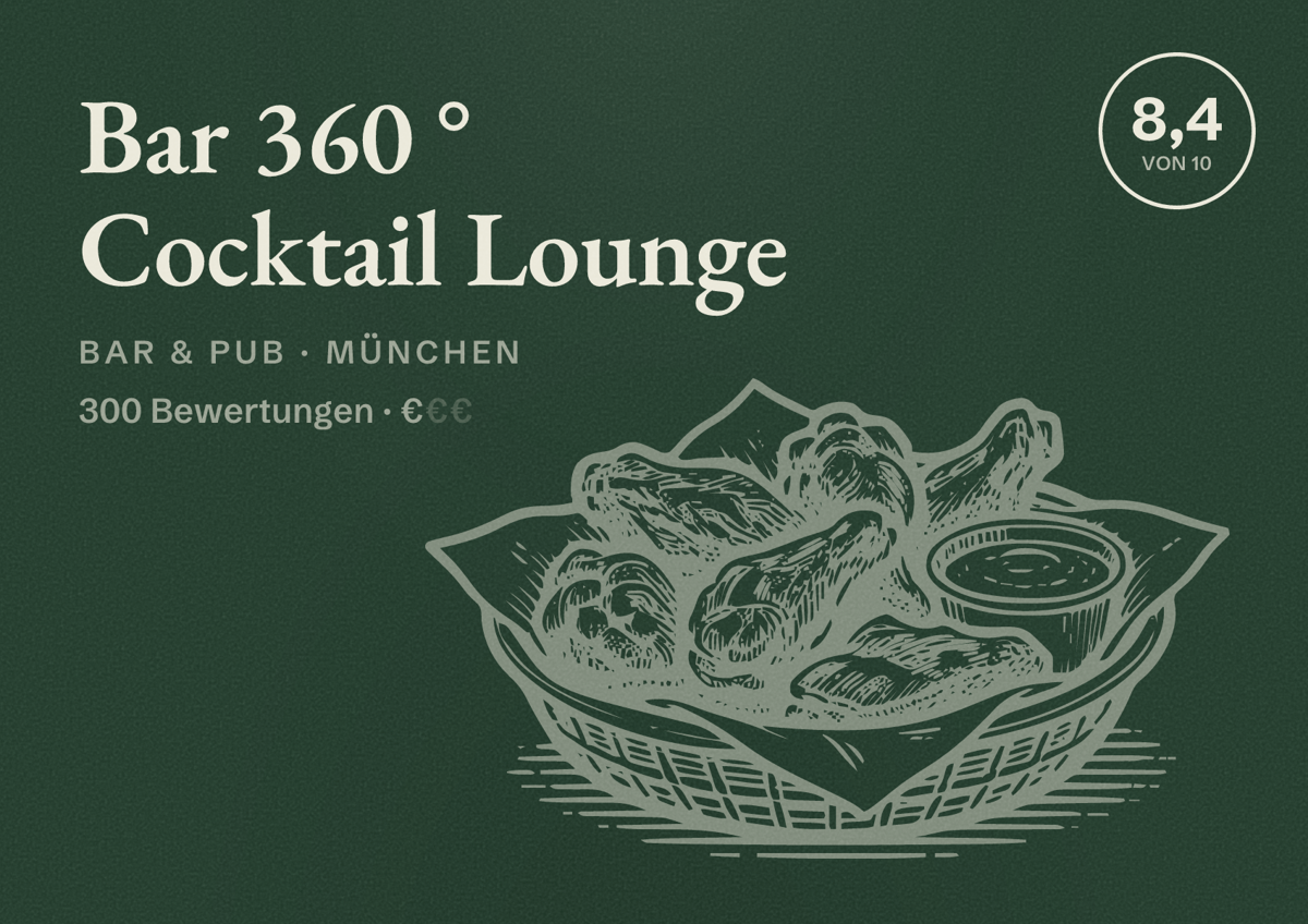 Illustriertes Poster von Bar 360 ° Cocktail Lounge, Bar & Pub in München: Bewertung 8,4 von 10 aus 300 Bewertungen, Preisniveau €