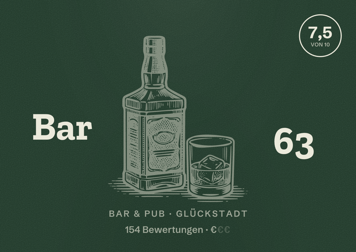 Illustriertes Poster von Bar 63, Bar & Pub in Glückstadt: Bewertung 7,5 von 10 aus 154 Bewertungen, Preisniveau €