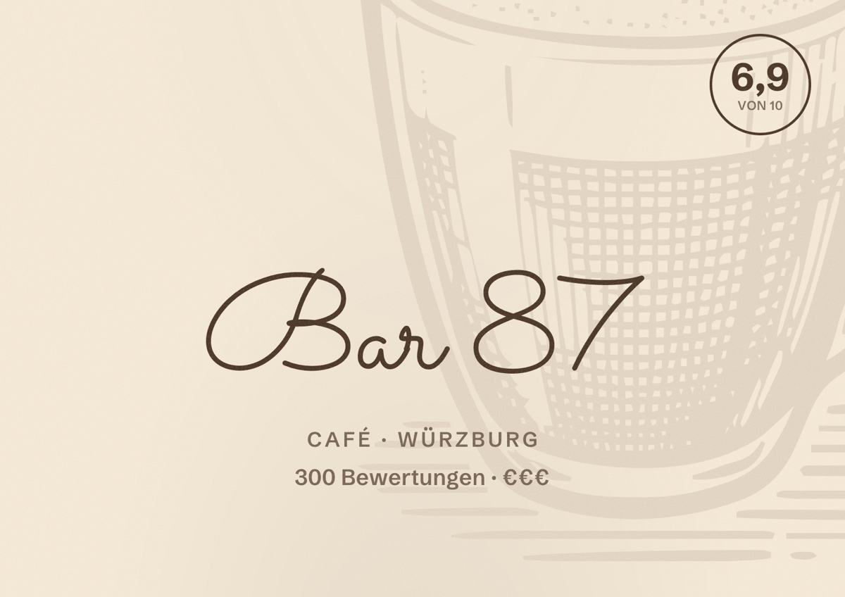 Illustriertes Poster von Bar 87, Café in Würzburg: Bewertung 6,9 von 10 aus 300 Bewertungen, Preisniveau €€€