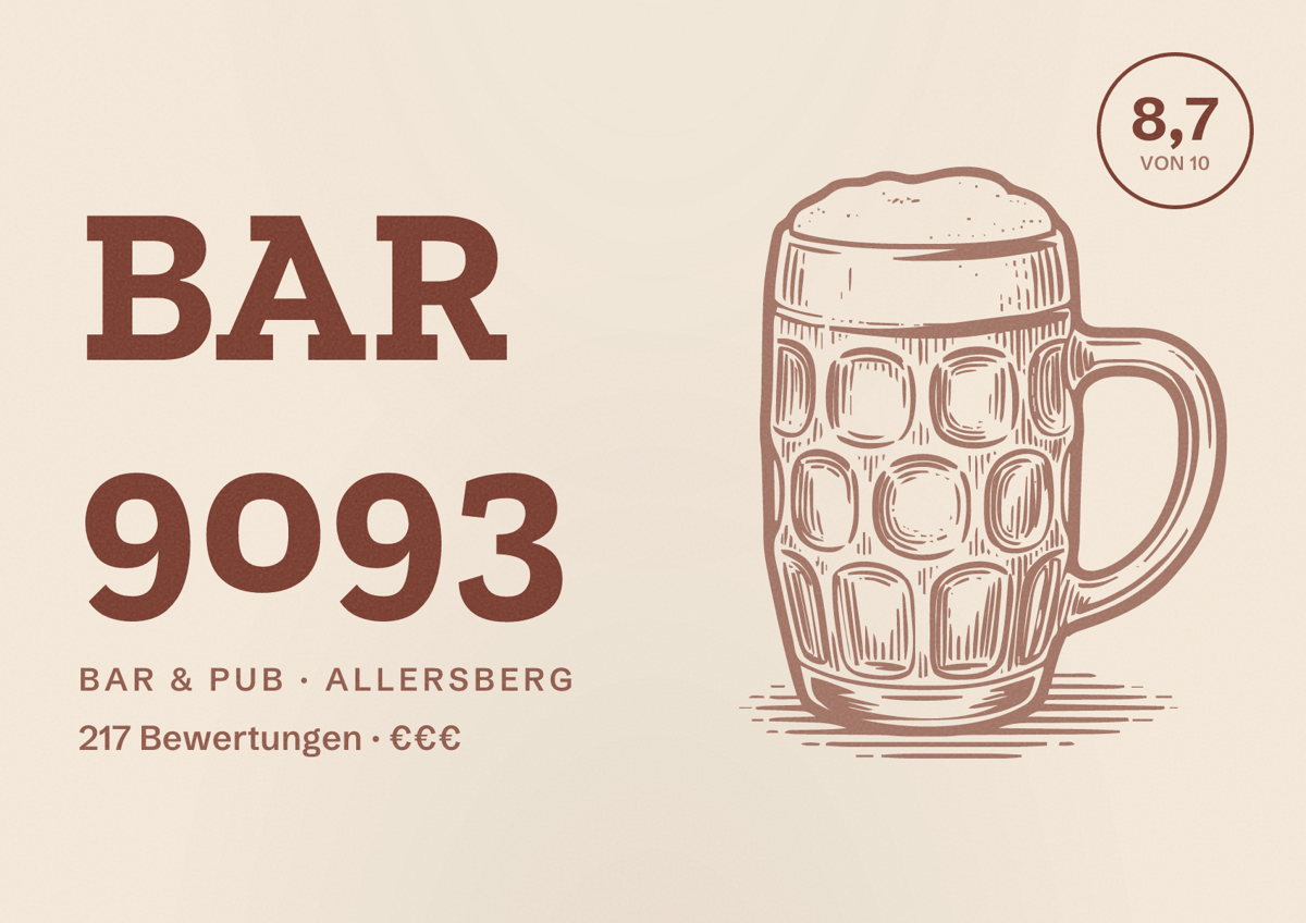 Illustriertes Poster von Bar 9093, Bar & Pub in Allersberg: Bewertung 8,7 von 10 aus 217 Bewertungen, Preisniveau €€€