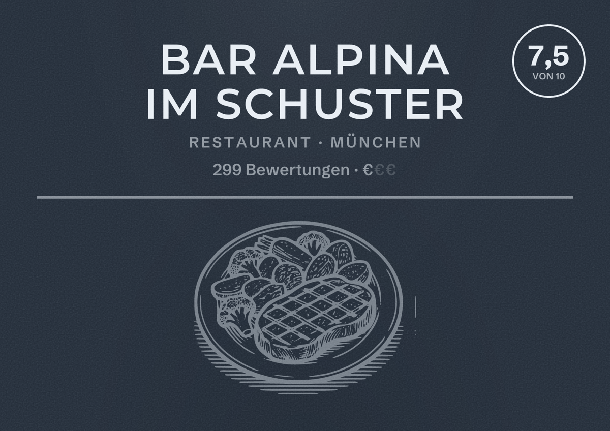 Illustriertes Poster von Bar Alpina im Schuster, Restaurant in München: Bewertung 7,5 von 10 aus 299 Bewertungen, Preisniveau €