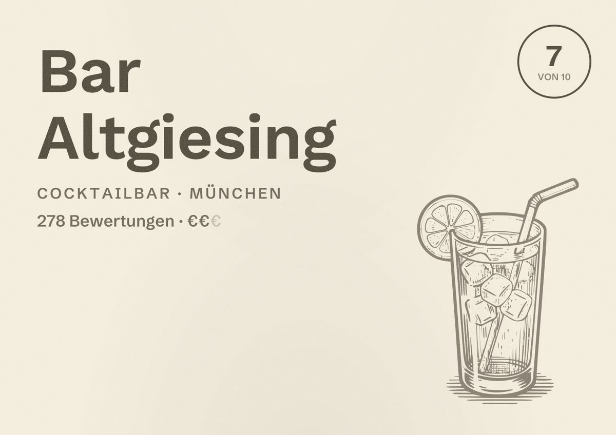 Illustriertes Poster von Bar Altgiesing, Cocktailbar in München: Bewertung 7,0 von 10 aus 278 Bewertungen, Preisniveau €€
