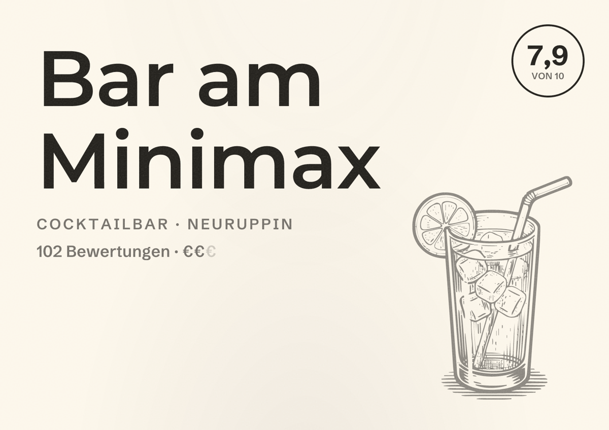 Illustriertes Poster von Bar am Minimax, Cocktailbar in Neuruppin: Bewertung 7,9 von 10 aus 102 Bewertungen, Preisniveau €€