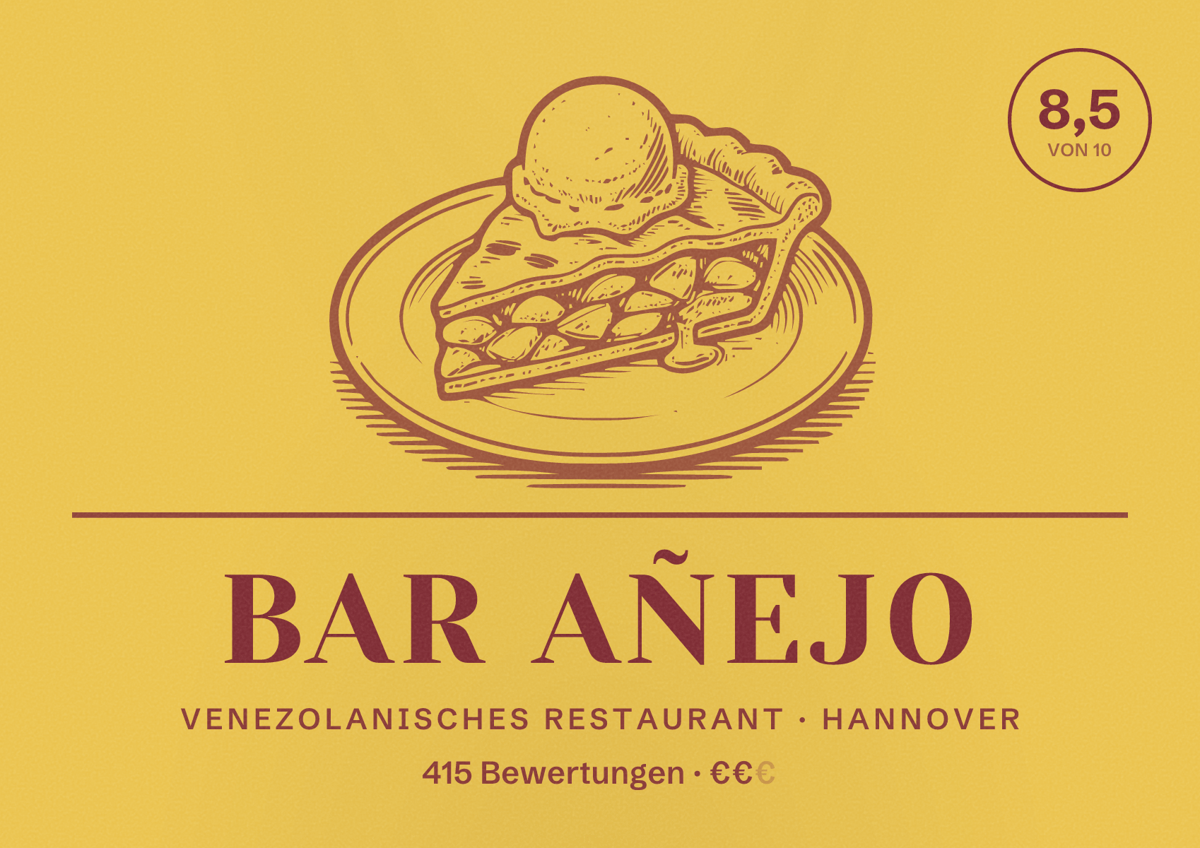 Illustriertes Poster von Bar Añejo, Venezolanisches Restaurant in Hannover: Bewertung 8,5 von 10 aus 415 Bewertungen, Preisniveau €€