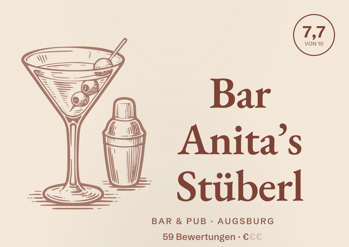 Illustriertes Poster von Bar Anita’s Stüberl, Bar & Pub in Augsburg: Bewertung 7,7 von 10 aus 59 Bewertungen, Preisniveau €