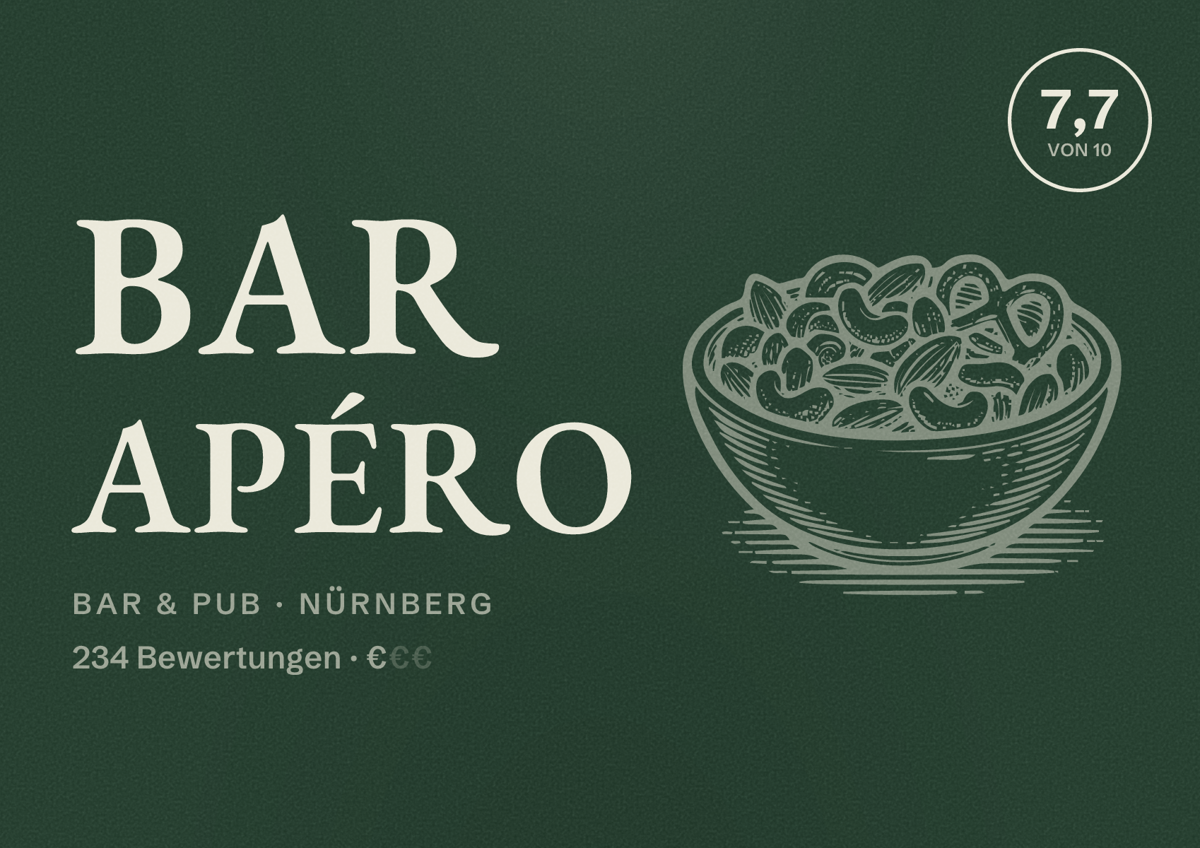 Illustriertes Poster von Bar Apéro, Bar & Pub in Nürnberg: Bewertung 7,7 von 10 aus 234 Bewertungen, Preisniveau €