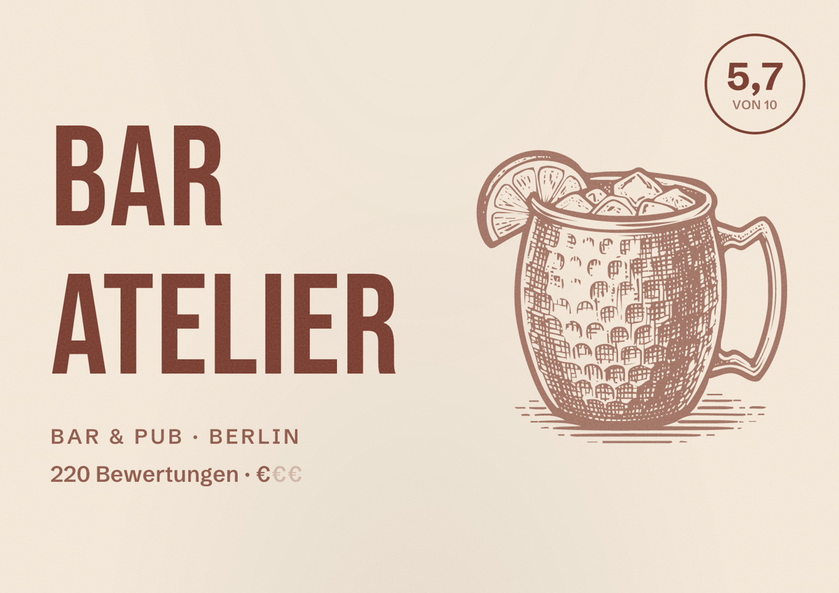 Illustriertes Poster von Bar Atelier, Bar & Pub in Berlin: Bewertung 5,7 von 10 aus 220 Bewertungen, Preisniveau €