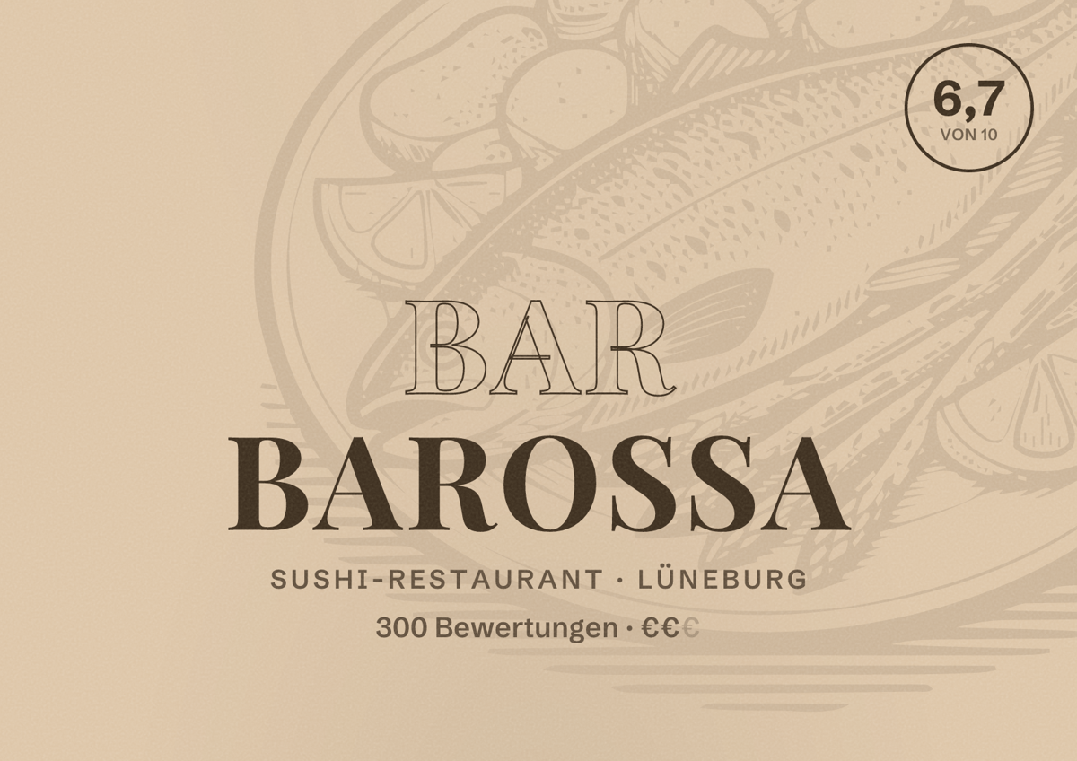 Illustriertes Poster von Bar Barossa, Sushi-Restaurant in Lüneburg: Bewertung 6,7 von 10 aus 300 Bewertungen, Preisniveau €€
