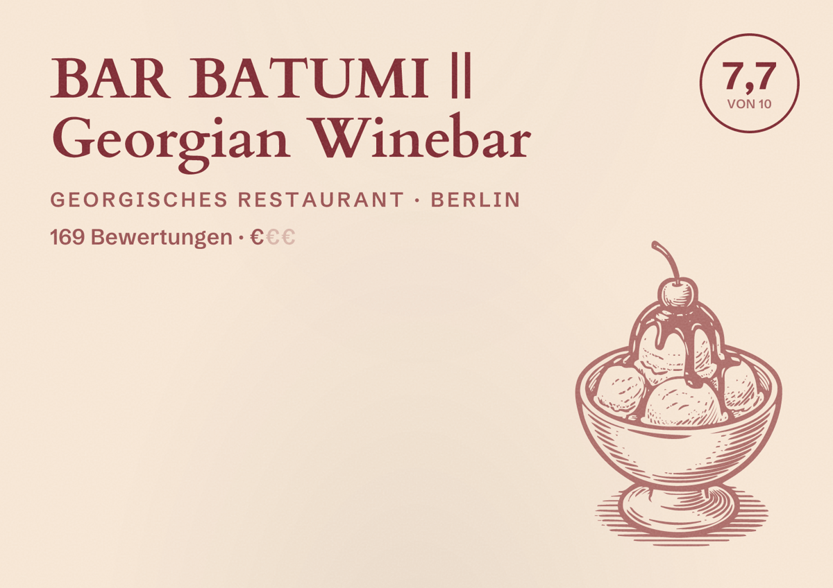 Illustriertes Poster von BAR BATUMI || Georgian Winebar, Georgisches Restaurant in Berlin: Bewertung 7,7 von 10 aus 169 Bewertungen, Preisniveau €