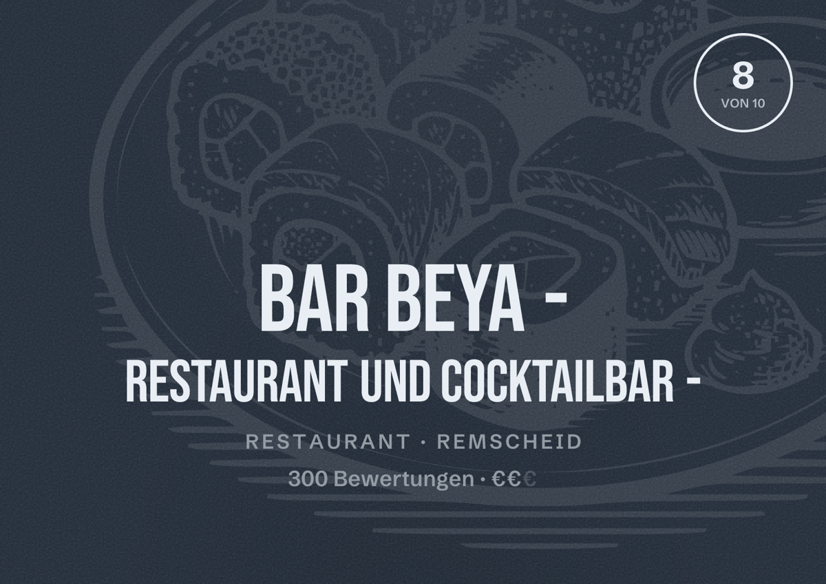 Illustriertes Poster von Bar Beya - Restaurant und Cocktailbar -, Restaurant in Remscheid: Bewertung 8 von 10 aus 300 Bewertungen, Preisniveau €€